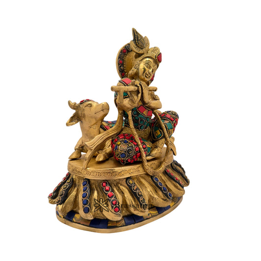 Brassaura® Krishna Playing Flute with Cow Idol with Multi-Color Finish | Pure Superfine Brass Handcrafted Murti | Brass Statue for Home Temple, Pooja Room | Height 9 Inches | Weight 3.2 Kgs