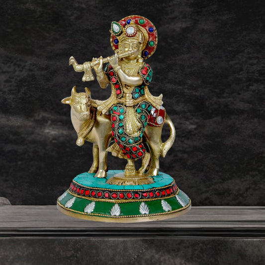 Brass Gem Stone Krishna Statue for Home and Decor Height 25 cm Weight 2.25 Kg