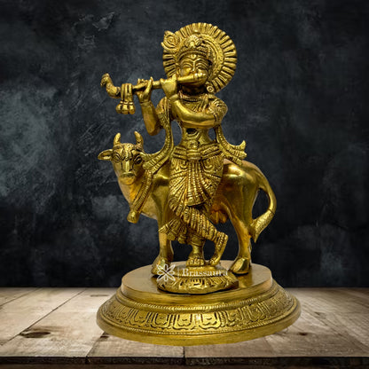 Brass Krishna with Cow Murti for Home and Decor Living Room Height 22 cm Weight 2 Kg