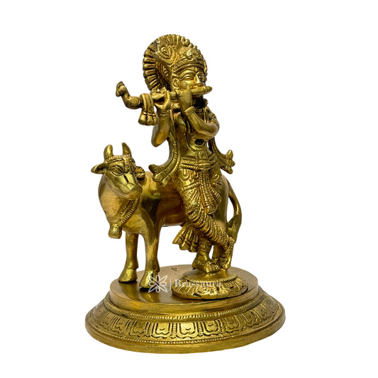 Brassaura® Krishna Playing Flute with Cow Idol with Golden Finish | Pure Superfine Brass Handcrafted Murti | Brass Statue for Home Temple, Pooja Room | Height 9 Inches | Weight 2 Kgs