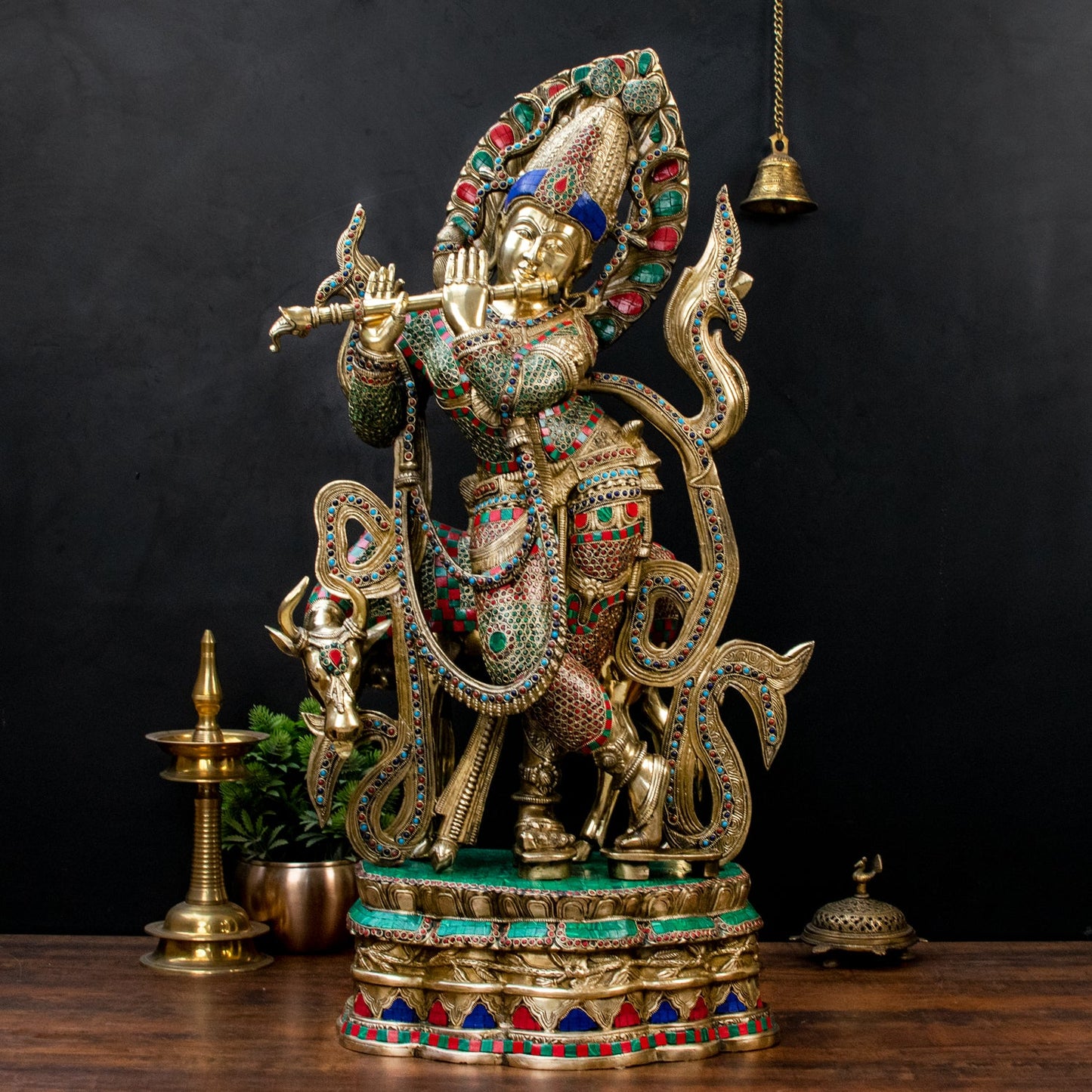 Brassaura® Lord Krishna Playing Flute with Cow Idol with Stonework Finish | Pure Superfine Brass Handcrafted Murti | Brass Statue for Home Temple, Pooja Room, Spiritual Décor & Luxury Gifting | Weight 40 Kg