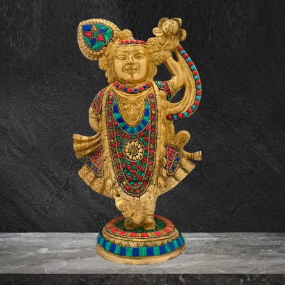 Brass Gem Stone Work Shrinath Gowardhan Krishna Idol Statue with Colorful Stones Height 33 cm Weight 4.2 Kg