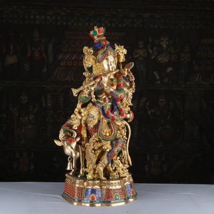Brass Gem Stone Work Cow & Krishna Weight 22 Kg And Height 26 Inch