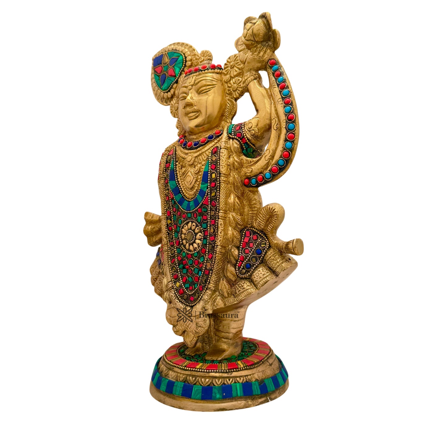 Brass Gem Stone Work Shrinath Gowardhan Krishna Idol Statue with Colorful Stones Height 33 cm Weight 4.2 Kg