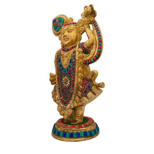 Brassaura® Krishna Standing Idol with Multi-Color Finish | Pure Superfine Brass Handcrafted Murti | Brass Statue for Home Temple, Pooja Room | Height 13 Inches | Weight 4.2 Kgs