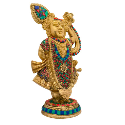 Brass Gem Stone Work Shrinath Gowardhan Krishna Idol Statue with Colorful Stones Height 33 cm Weight 4.2 Kg