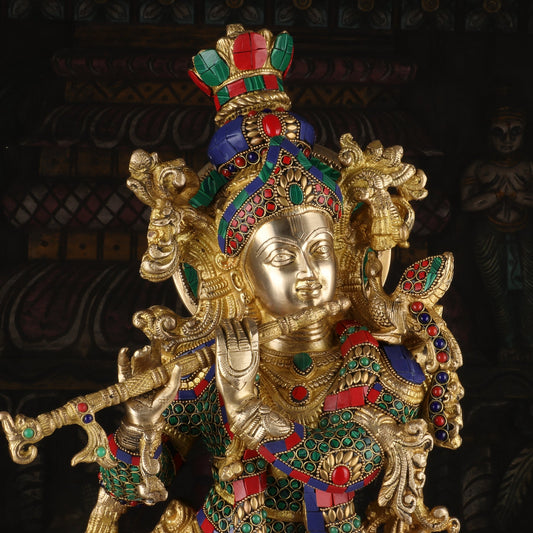 Brassaura® Lord Krishna Playing Flute with Cow Idol with Stonework Finish | Pure Superfine Brass Handcrafted Murti | Brass Statue for Home Temple, Pooja Room, Spiritual Décor & Luxury Gifting | Height 26 Inches | Weight 22 Kg