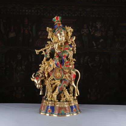 Brass Gem Stone Work Cow & Krishna Weight 22 Kg And Height 26 Inch