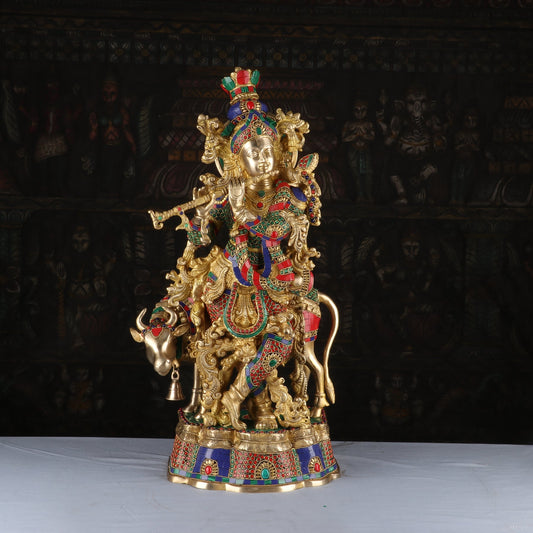 Brass Gem Stone Work Cow & Krishna Weight 22 Kg And Height 26 Inch