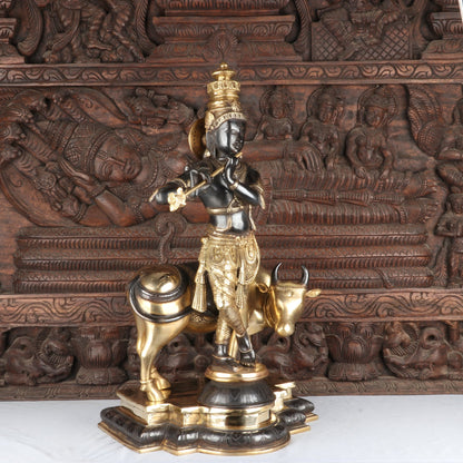 Brass Cow & Krishna Playing Flute Weight 25.5 Kg And Height 26 Inch