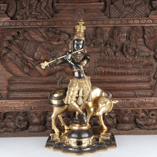 Brass Cow & Krishna Playing Flute Weight 25.5 Kg And Height 26 Inch