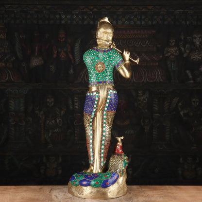 Brass Standing Gem Stone Work Krishna Playing Flute Weight 16 Kg And Height 29.5 Inch