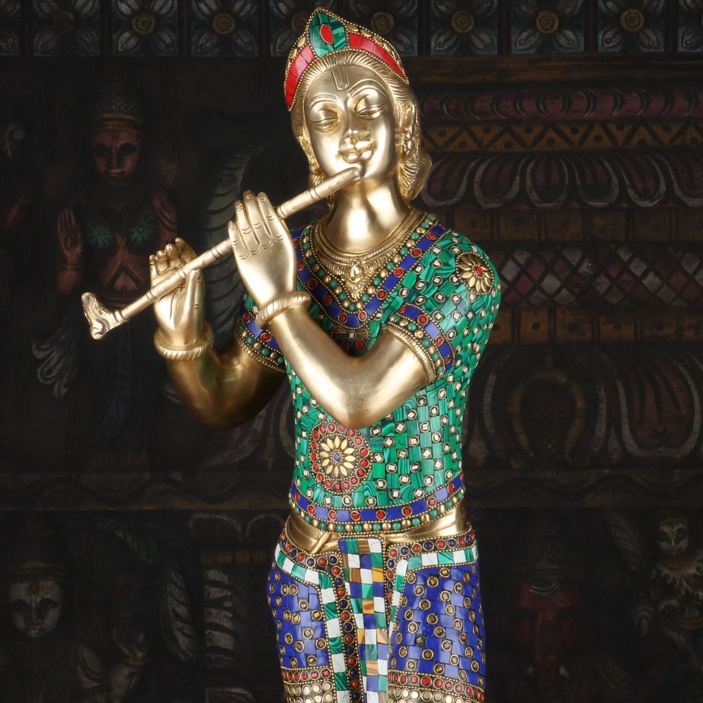 Brass Standing Gem Stone Work Krishna Playing Flute Weight 16 Kg And Height 29.5 Inch