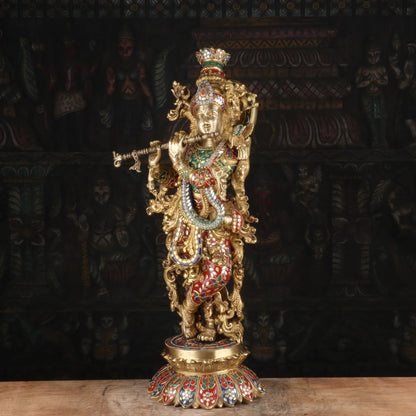 Brass Gem Stone Work Krishna Playing Flute Weight 16.5 Kg And Height 26 Inch