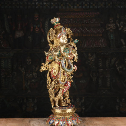 Brass Gem Stone Work Krishna Playing Flute Weight 16.5 Kg And Height 26 Inch
