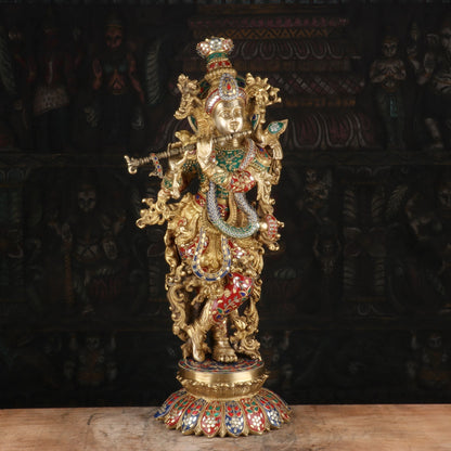 Brass Gem Stone Work Krishna Playing Flute Weight 16.5 Kg And Height 26 Inch