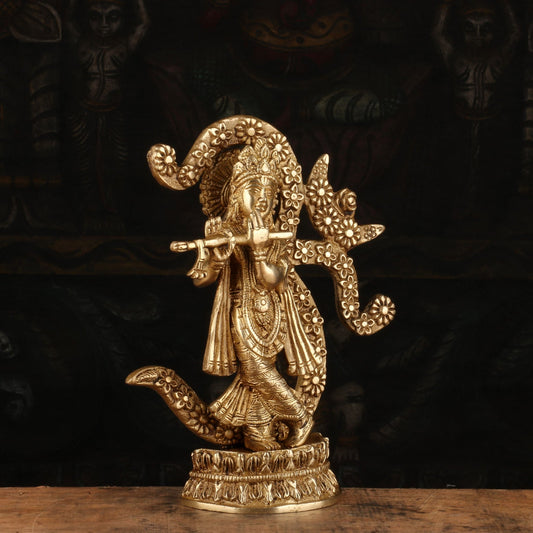 Brassaura® Lord Krishna Playing Flute with Om Idol with Antique Finish | Pure Superfine Brass Handcrafted Murti | Brass Statue for Home Temple, Pooja Room, Spiritual Décor & Luxury Gifting | Height 8 Inches | Weight 1.5 Kg