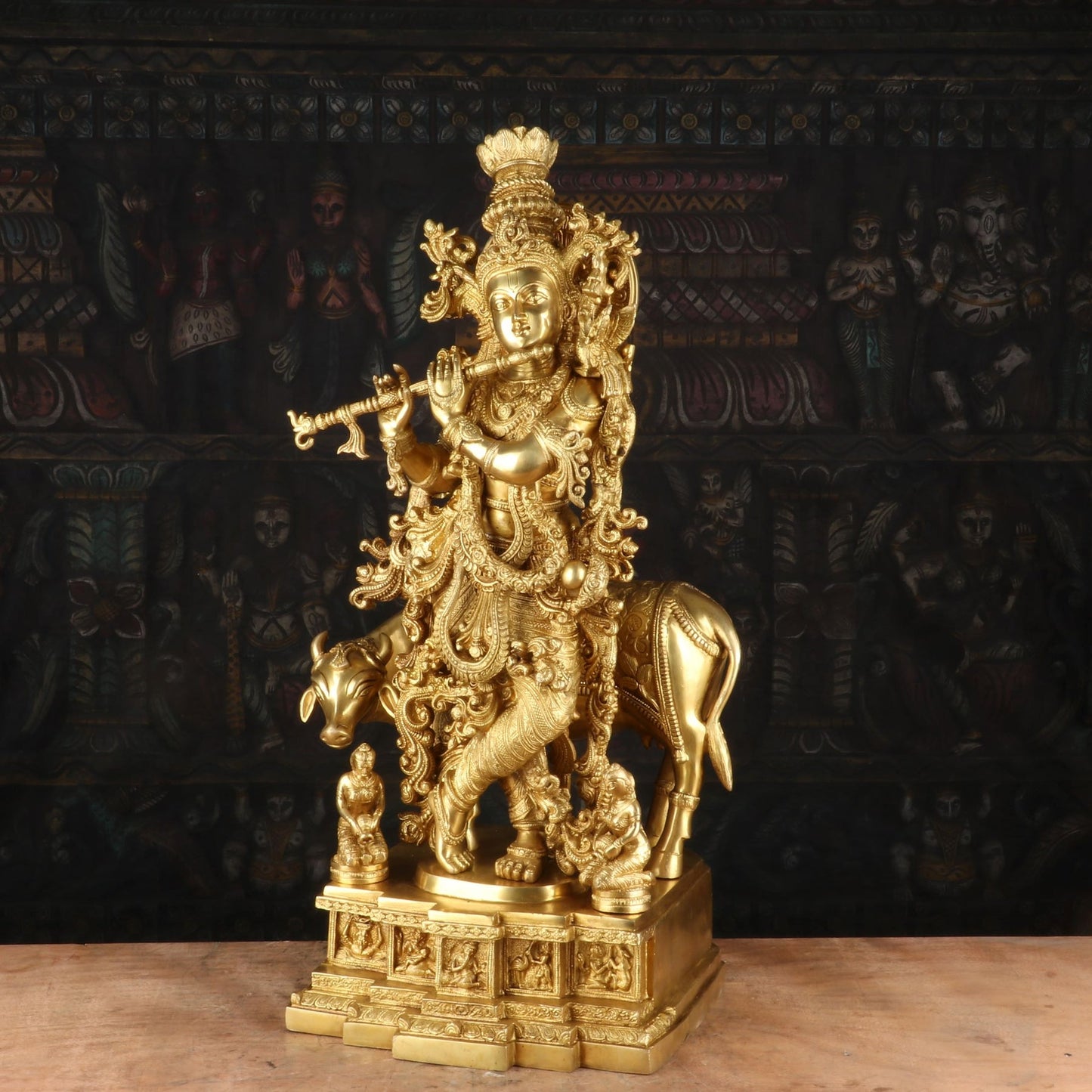 Brass Cow & Krishna Playing Flute Weight 35 Kg And Height 28 Inch