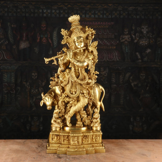 Brass Cow & Krishna Playing Flute Weight 35 Kg And Height 28 Inch