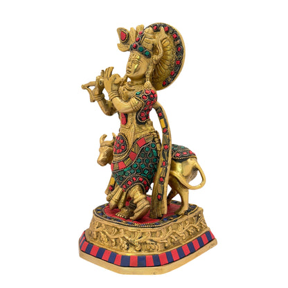 Brass Krishna Gem Stone Work Murti for Home and Decor Weight 2.5 Kg Height 24 cm