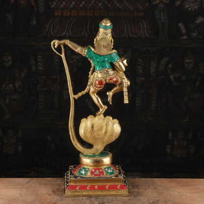 Brass Gem Stone Work Dancing Krishna On Kaliya Naag Weight 8 Kg And Height 20.5 Inch