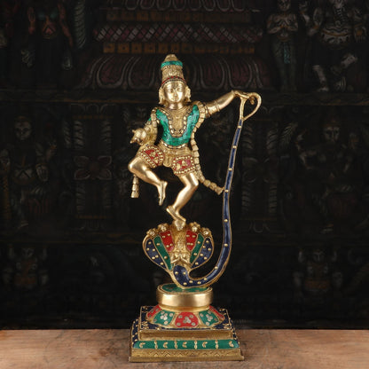 Brass Gem Stone Work Dancing Krishna On Kaliya Naag Weight 8 Kg And Height 20.5 Inch