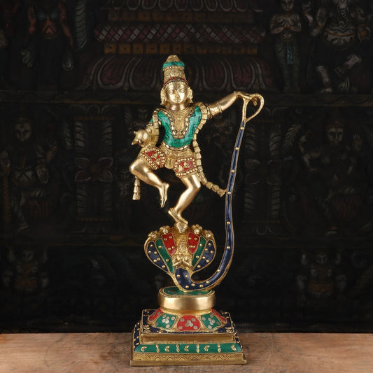 Brass Gem Stone Work Dancing Krishna On Kaliya Naag Weight 8 Kg And Height 20.5 Inch