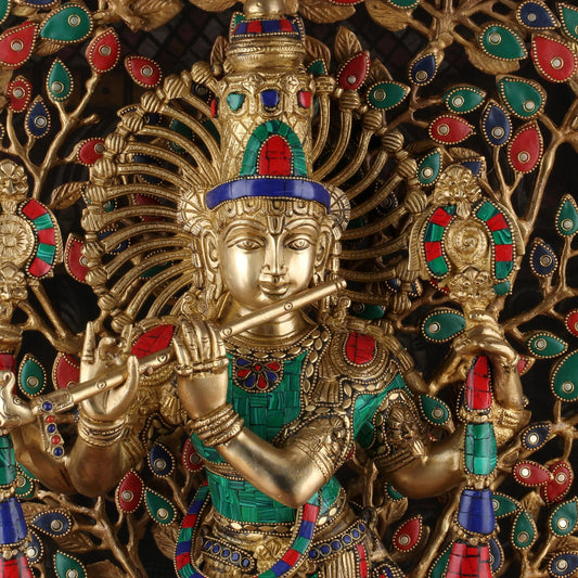 Brassaura® Lord Krishna with Tree Idol with Multi-Color Stone Work Finish | Pure Superfine Brass Handcrafted Murti | Brass Statue for Home Temple, Pooja Room, Spiritual Décor & Luxury Gifting | Height 28 Inches | Weight 20 Kg