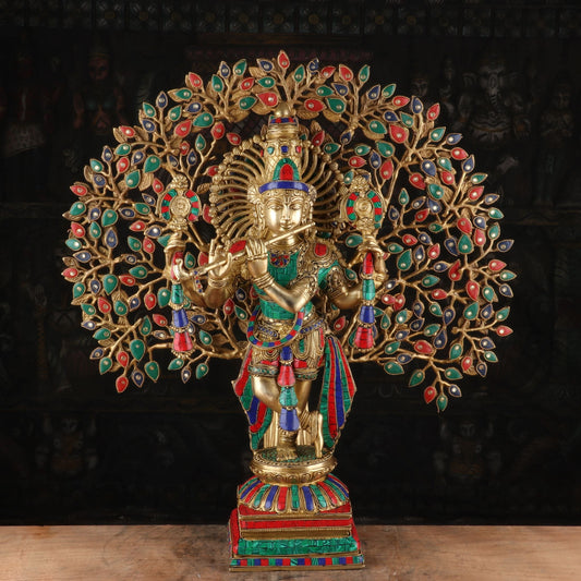 Brass Standing Gem Stone Work Tree Krishna Weight 20 Kg And Height 28 Inch
