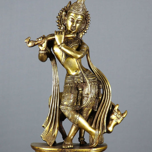 Brassaura® Lord Krishna Playing Flute Idol with Antique Finish | Pure Superfine Brass Handcrafted Murti | Brass Statue for Home Temple, Pooja Room, Spiritual Décor & Luxury Gifting | Height 13 Inches | Weight 4.4 Kg
