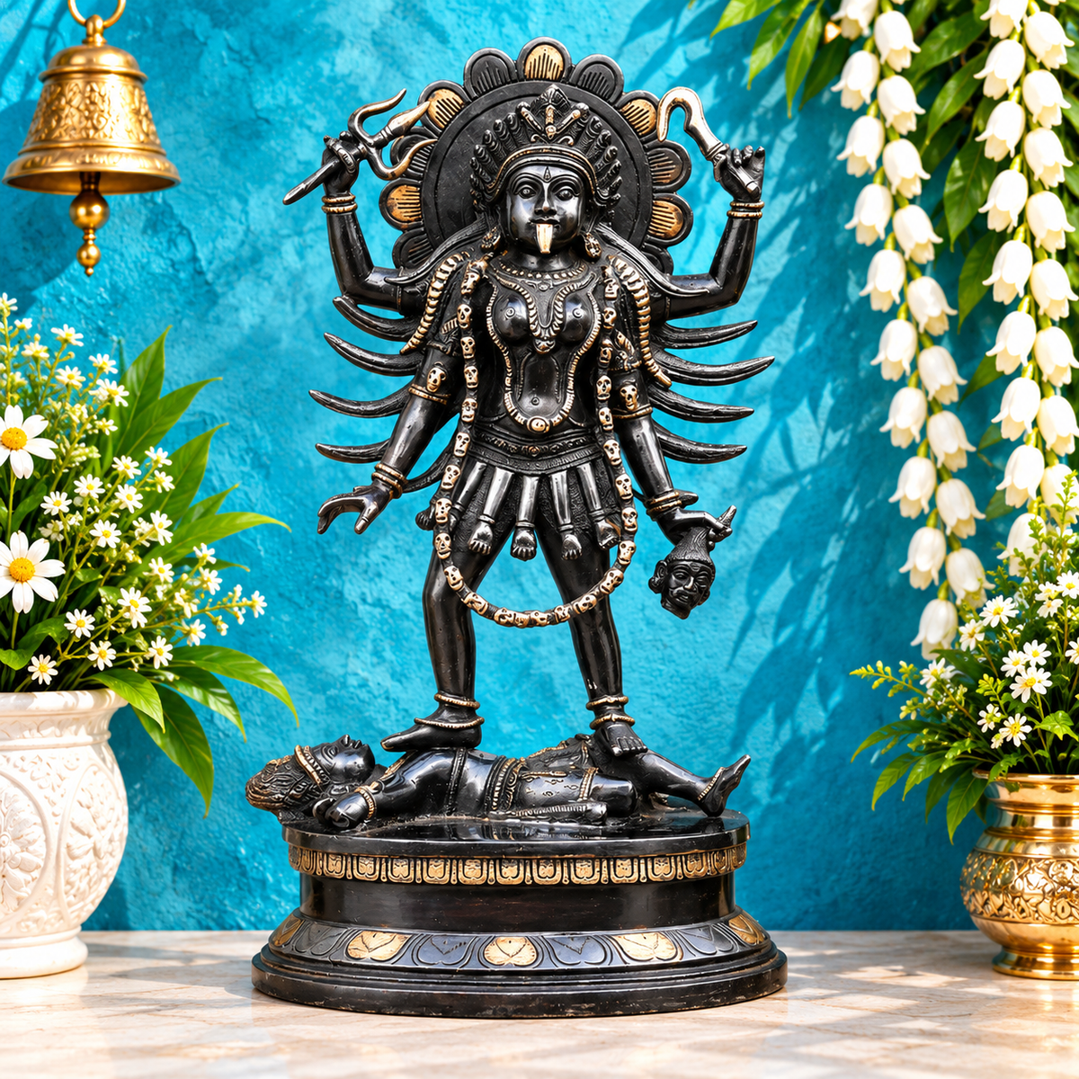 ब्रासोरा® वृंदावन वेणुगोपाल कृष्ण पीतल की प्रतिमा मोर के साथ | एंटीक नीला और सुनहरा रंग | ऊँचाई 20 इंच