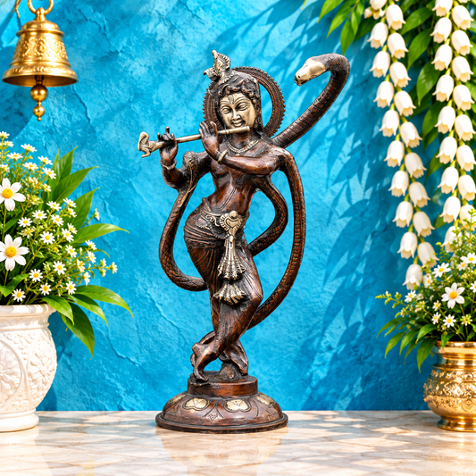 ब्रासोरा® वृंदावन वेणुगोपाल कृष्ण पीतल की प्रतिमा मोर के साथ | एंटीक नीला और सुनहरा रंग | ऊँचाई 20 इंच