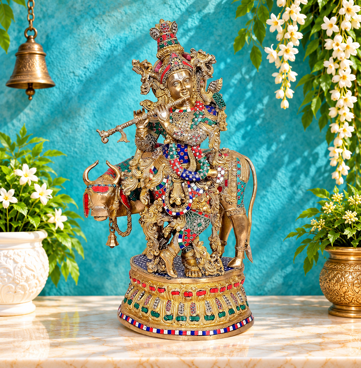 ब्रासोरा® वृंदावन वेणुगोपाल कृष्ण पीतल की प्रतिमा मोर के साथ | एंटीक नीला और सुनहरा रंग | ऊँचाई 20 इंच