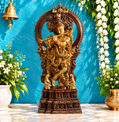 ब्रासोरा® वृंदावन वेणुगोपाल कृष्ण पीतल की प्रतिमा मोर के साथ | एंटीक नीला और सुनहरा रंग | ऊँचाई 20 इंच