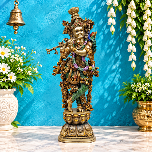 Brassaura® Krishna Standing Flute Playing Idol with Multi-Color Finish | Pure Superfine Brass Handcrafted Murti | Brass Statue for Home Temple, Pooja Room | Height 29.5 Inches | Weight 20.1 Kgs