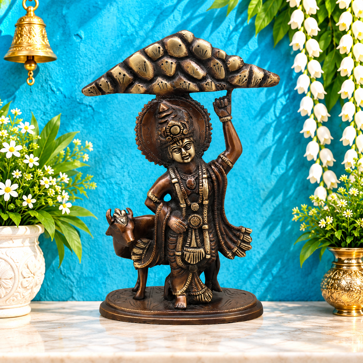 Brassaura® Lord Krishna Lifting Govardhan Parvat Brass Statue | Antique Finish | Height 10 Inches & Weight 2.32 Kgs