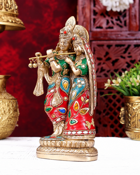 Brassaura® Radha Krishna Standing Flute Playing Idol with Multi-Color Meenakari Finish | Pure Superfine Brass Handcrafted Murti | Brass Statue for Home Temple, Pooja Room | Height 9 Inches | Weight 2.5 Kgs