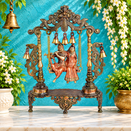 Brassaura® Radha Krishna Swing Jhoola Brass Idol | Pure Brass | Height 18.1 Inches| Weight: 8.05 kgs
