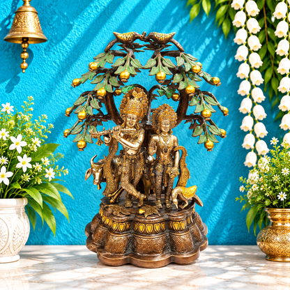 ब्रासोरा® वृंदावन वेणुगोपाल कृष्ण पीतल की प्रतिमा मोर के साथ | एंटीक नीला और सुनहरा रंग | ऊँचाई 20 इंच