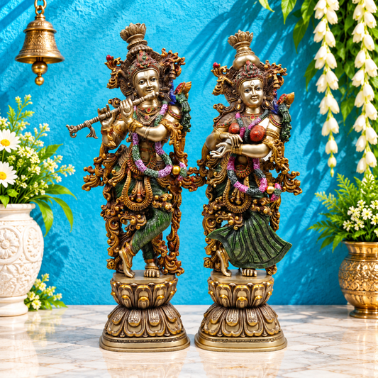 Brassaura® Radha Krishna Standing Idol Pair with Multi-Color Finish | Pure Superfine Brass Handcrafted Murti | Brass Statue for Home Temple, Pooja Room | Height 29.5 Inches | Weight 39.94 Kgs