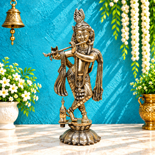 Brassaura® Krishna Standing Flute Playing Idol with Silver & Golden Finish | Pure Superfine Brass Handcrafted Murti | Brass Statue for Home Temple, Pooja Room | Height 19 Inches | Weight 7.64 Kgs