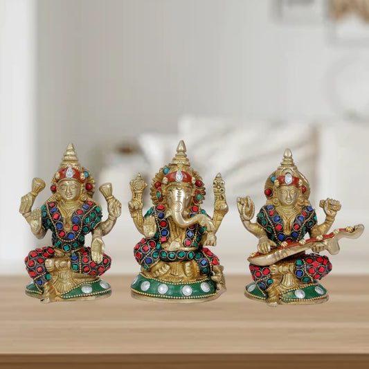 Brass Gem Stone Work Laxmi Ganesha Saraswati Murti for Home and Decor Height 17 cm Weight 2.35 Kg