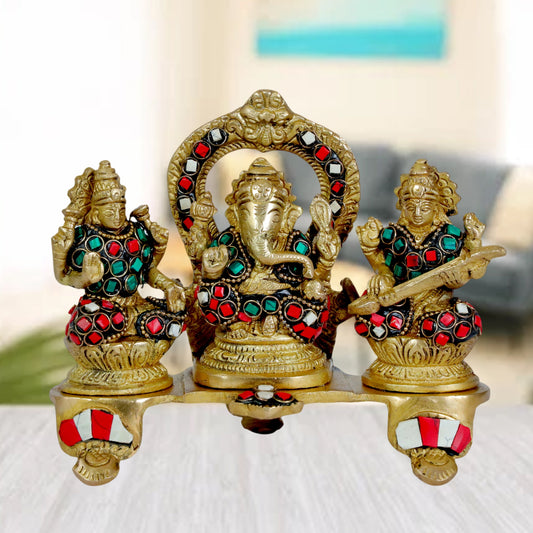 Brass Gem Stone Work Laxmi Ganesha Saraswati Murti for Home and Decor Height 19 cm Weight 1.3 Kg