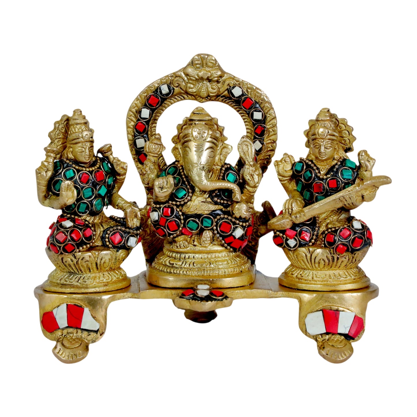 Brass Gem Stone Work Laxmi Ganesha Saraswati Murti for Home and Decor Height 19 cm Weight 1.3 Kg