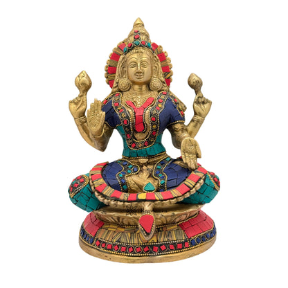 Brass Gem Stone Work Sitting Laxmi MATA On Chowki Murti for Home and Decor Height 24 cm Weight 3.44 Kg