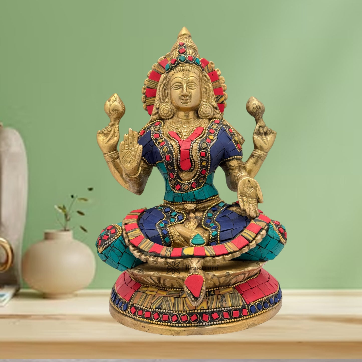 Brass Gem Stone Work Sitting Laxmi MATA On Chowki Murti for Home and Decor Height 24 cm Weight 3.44 Kg