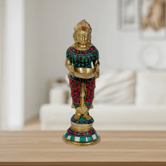 Brass Gem Stone Work Laxmi MATA Murti for Home and Decor Show Piece for Living Height 28 cm Weight 1.75 Kg