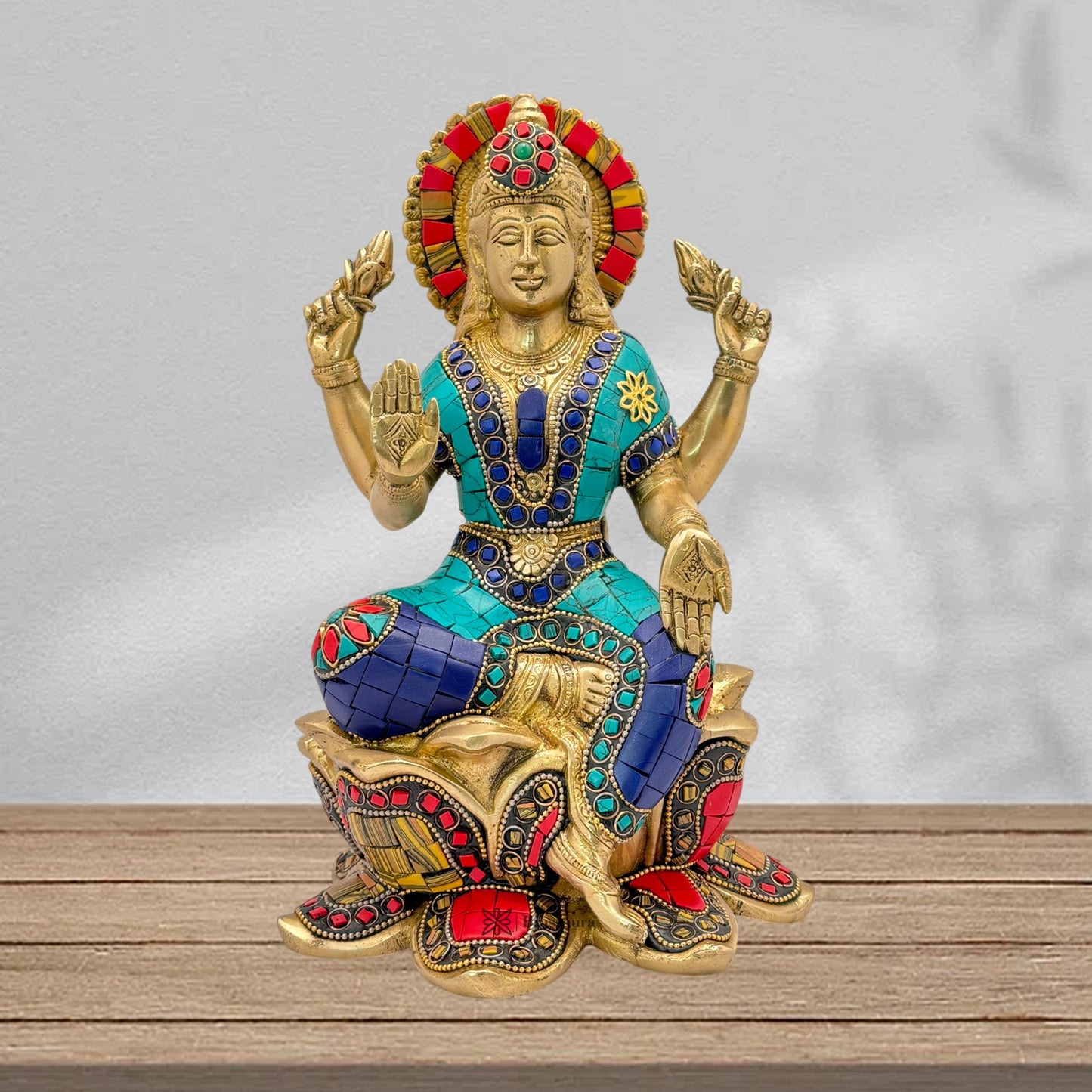 Brassaura™ Devotional Brass Gem Stone Work Laxmi Idol – Height 5.2 Inches & Weight 3.6 Kgs | Spiritual Home Idol