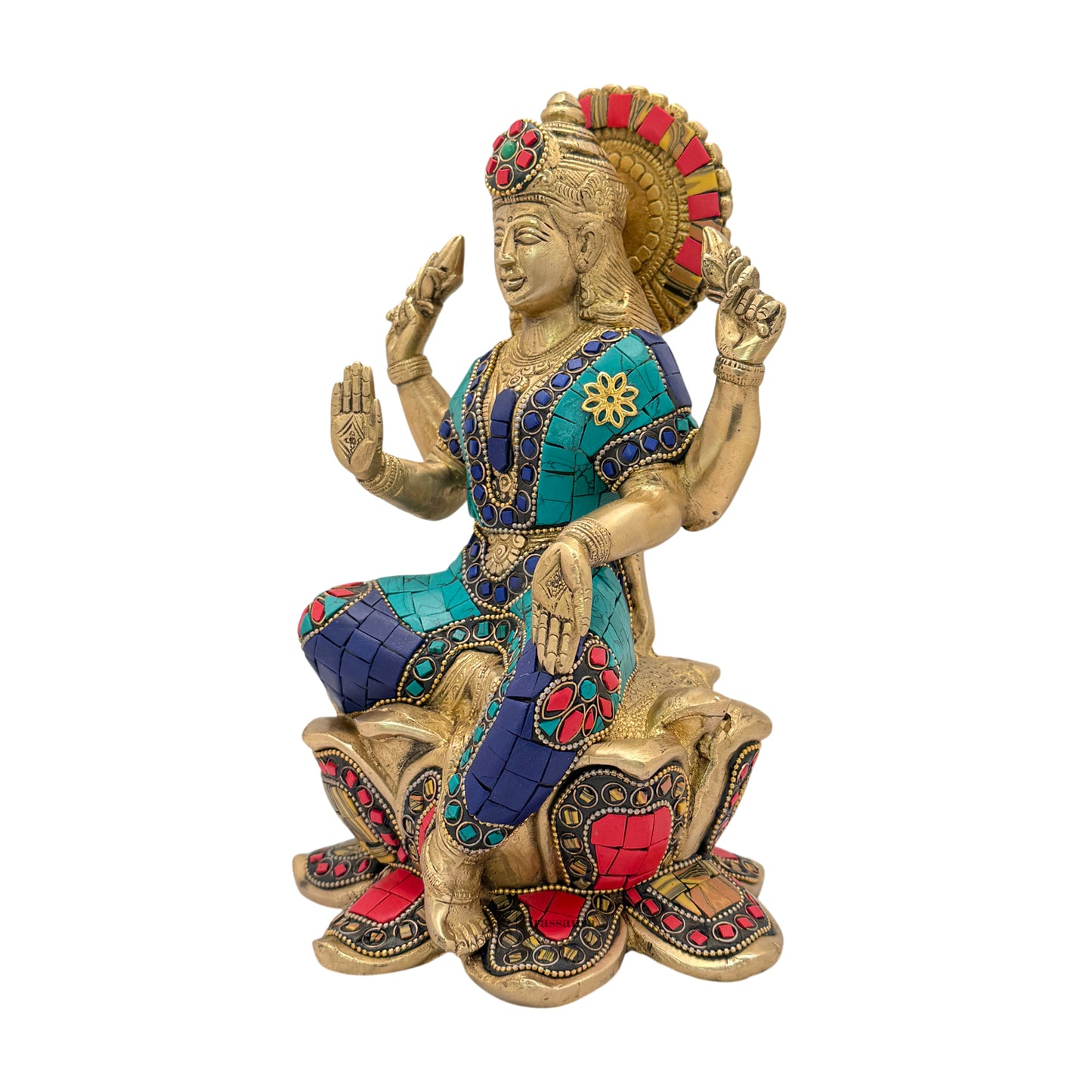 Brassaura™ Devotional Brass Gem Stone Work Laxmi Idol – Height 5.2 Inches & Weight 3.6 Kgs | Spiritual Home Idol