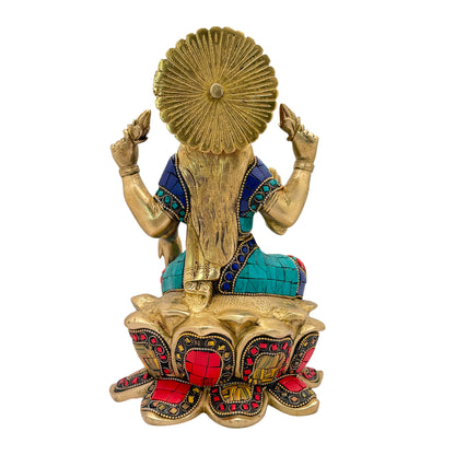 Brassaura™ Devotional Brass Gem Stone Work Laxmi Idol – Height 5.2 Inches & Weight 3.6 Kgs | Spiritual Home Idol